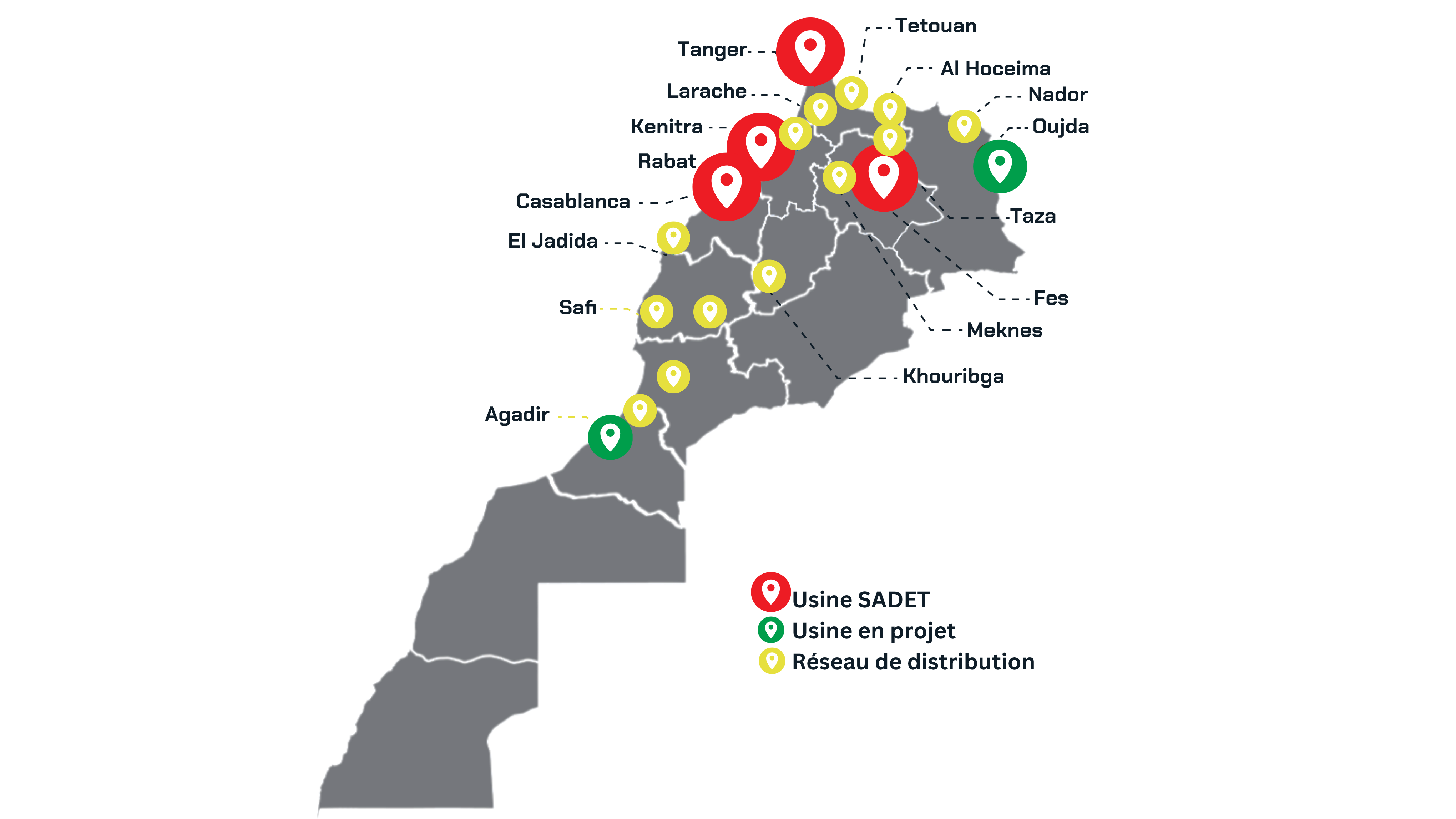 Carte du réseau SADET : usines, projets et réseau de distribution au Maroc